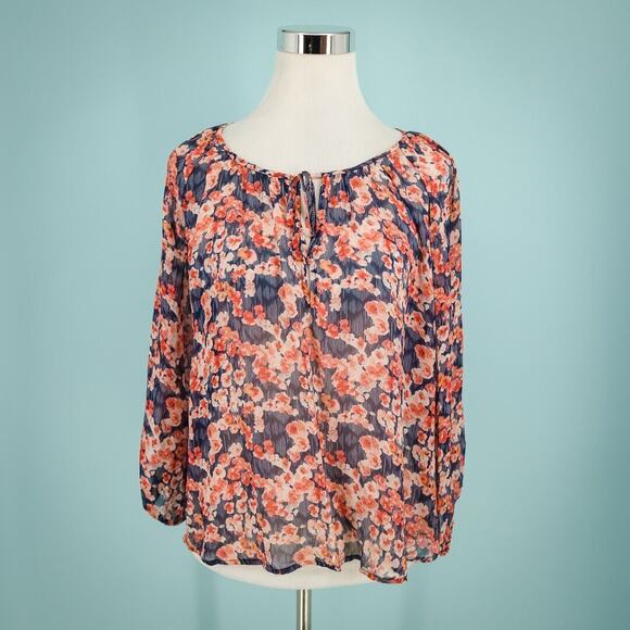 Joie Size XS Rochan Floral Print Tie Keyhole Crew Neck Long Sleeve Silk Top - Picture 1 of 6